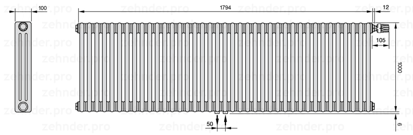 Схема (чертеж) Радиатор Zehnder Charleston 3100/39 №V008 Белый глянцевый RAL 9016